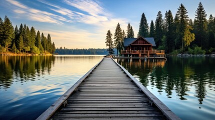 wooden pier on lake. Generative AI