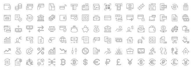 Finance line icons. Vector illustration include icon - computer, invoice, transfers, withdrawal, comission, taxes, invest, mortgage calculator outline pictogram for bank operations. Editable Stroke