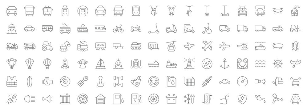 Transport line icons. Vector illustration include icon - ship, bus, car detailing, truck repair, garage service, drone, zeppelin, aerostat outline pictogram for maintenance. Editable Stroke
