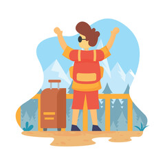 Flat design illustration of travel design, people rise hand with backpack and case, mountain view 