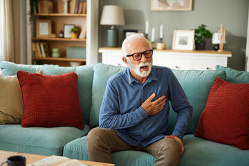 Fototapeta premium A senior man suffering from chest pain or heart attack at home