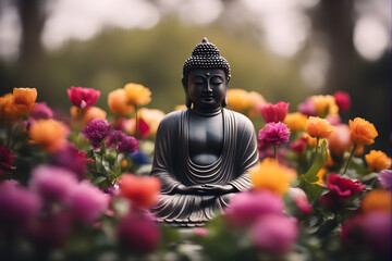 Zen Oasis: Buddha Sculpture Gracing the Outdoor Sanctuary. Generative ai