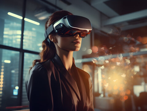 Woman Wearing VR AR Glasses Virtual Reality Augmented Reality In Office Business Space Virtual Meeting