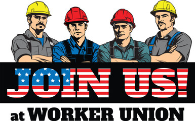 Vector illustration of worker man and worker union text from United States of America