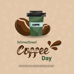 international day of coffee line drawing illustration background. International Coffee Day graphic illustration for social media ads. Coffee cup doodle art concept.