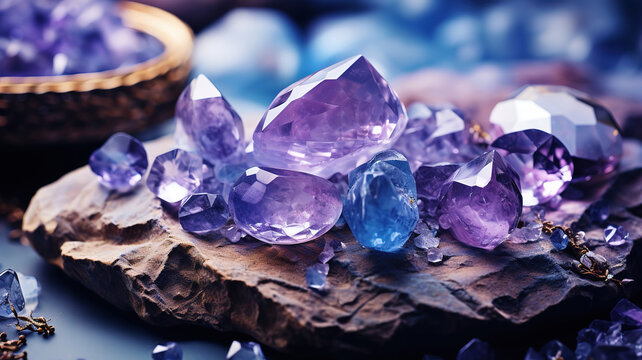 Close up view of a natural violet amethyst crystal geode stone. Generative Ai