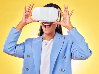 Business woman, virtual reality vision and studio with hands, smile and 3d user experience by yellow background. Futuristic tech entrepreneur, ar glasses and excited for metaverse, cyber ui or system