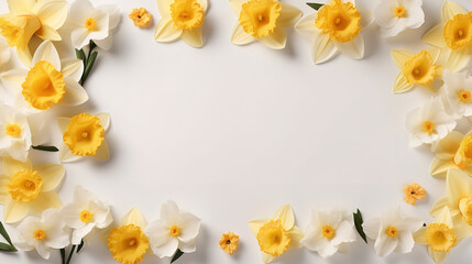 Naklejka na ściany i meble Top view on wooden frame with yellow flowers. Generative Ai