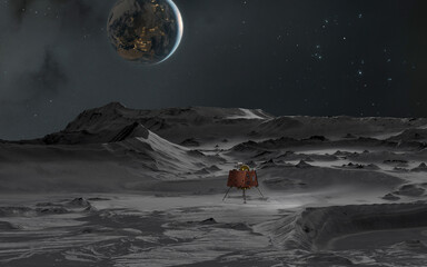 3D illustration of the the Chandrayaan-3 lunar mission from India. Moon lander, lunar spacecraft. Elements provided by NASA © Vadimsadovski