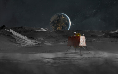 3D illustration of the the Chandrayaan-3 lunar lander. Moon spacecraft from India, 2023 mission. Elements provided by NASA © Vadimsadovski