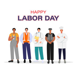 Happy Labor Day card with workers of different professions. USA Labor Day vector illustration.