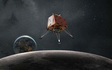 3D illustration of the the Chandrayaan-3 lunar mission from India. Moon lander, lunar spacecraft. Elements provided by NASA © Vadimsadovski
