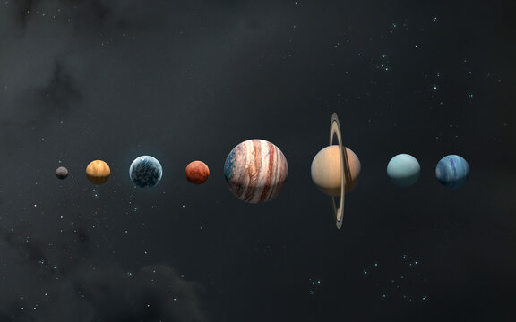 3D illustration of Solar system planets and objects. Sun, Mercury, Venus, planet Earth, Mars, Jupiter, Saturn, Uranus, Neptune. 5K realistic science fiction art. Elements of image provided by Nasa