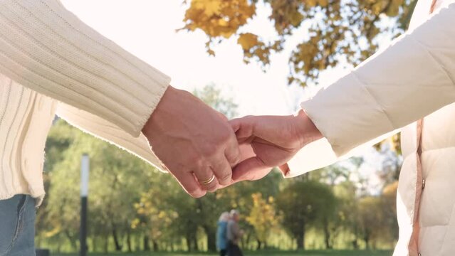 A man and a woman stand opposite each other and hold hands in the autumn park. Hands shot close up