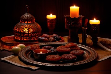 Fototapeta na wymiar tasty oriental sweets, rahad delight, churchkhela, dates a mix of various nuts using copper dishes and bright fabrics on a beautyful background with candles. Ramadan