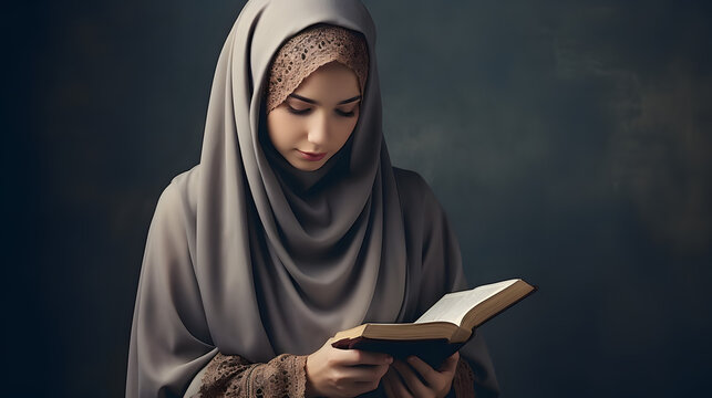 Asian Muslim woman in hijab reading Quran book