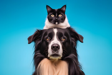 Portrait of a cute cat on the adorable pet dog. Concept of national pet day.