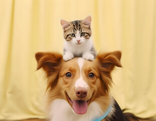 Portrait of a cute cat on the adorable pet dog. Concept of national pet day.