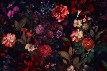 Rolgordijnen decoration burgundy background dark wallpaper vintage peony bouquet flower nature illustration. Generative AI. © VICHIZH