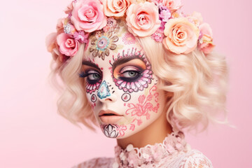 Obraz premium Portrait of a woman with sugar skull makeup over pink background. Halloween costume and make-up. Portrait of Calavera Catrina
