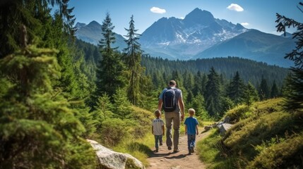 Fototapeta na wymiar Family with little children climbing outside in summer nature strolling in Tall Tatras
