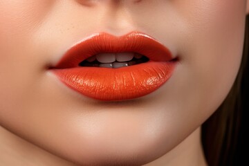 Obraz premium Cropped sensual female lips, procedure lip augmentation. Syringe near womans mouth, injections for increase lips shape