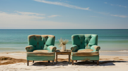 Fototapeta na wymiar Old chairs - beach - blue skies 