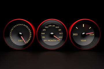 3D illustration Close up Instrument automobile panel with speedometer, tachometer, which says Merry Christmas 2023, 2024. The concept of the new year and Christmas in the automotive field.