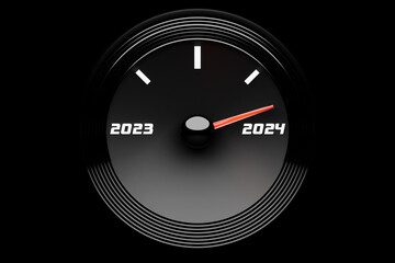 3D illustration close up black speedometer with cutoffs 2023,2024. The concept of the new year and Christmas in the automotive field. Counting months, time until the new year.
