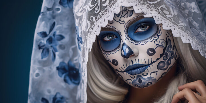 Portrait of a woman with sugar skull makeup over blue background. Halloween costume and make-up. Portrait of Calavera Catrina