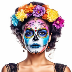 Portrait of a woman with sugar skull makeup over white background. Halloween costume and make-up. Portrait of Calavera Catrina
