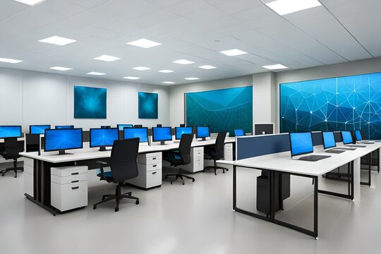 State of the art computer lab representing a network illustration on wide screens