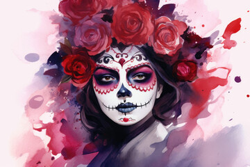 Portrait of a woman with sugar skull makeup over white background. Halloween costume and make-up. Portrait of Calavera Catrina