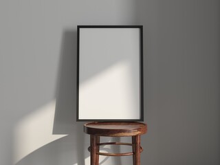 Vertical black poster Frame Mockup on wooden chair in room