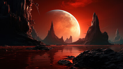 A red alien landscape with a red moon in the background, evoking a gothic and futuristic atmosphere.
