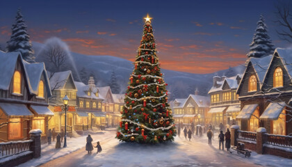 Beautiful Art Illustration of Christmas Tree in the Village