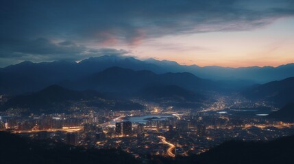 Fototapeta na wymiar Cinematic aerial shot of a city just after sunset with stunning background
