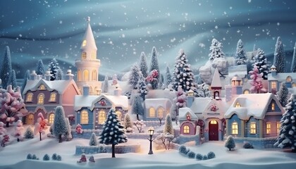Christmas village with snow, vintage card illustration