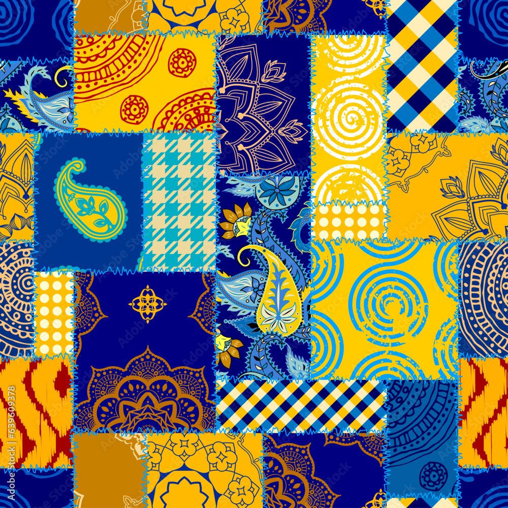 Aufkleber textile patchwork pattern with blue and yellow colors. vector image