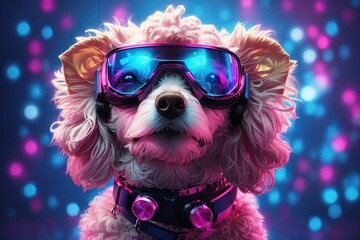 Futuristic Dog astronaut in safe glasses on blue space background