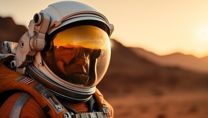 Close-up of an experienced astronaut exploring Mars