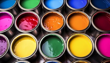 Close-Up of Colorful Paints in Cans
