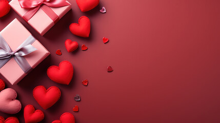 Top view colorful valentine background made of gift boxes and red textile hearts. Generative Ai