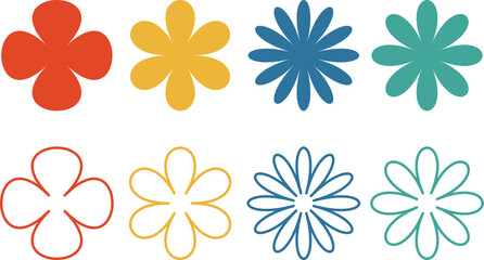 Colorful flat flowers isolated, Outline flowers