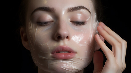 A woman places a face sheet mask pack on her face.