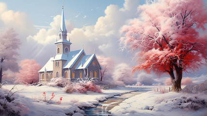 Winter landscape with church. Generative Ai
