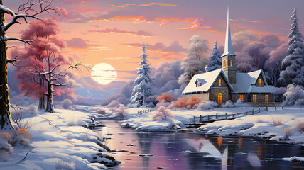 Church in the snow, Bright color. Generative Ai