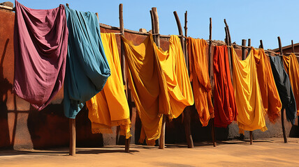 Colorful saris drying, India, Bright color. Generative Ai