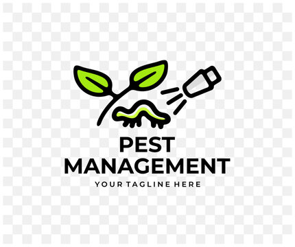 Pest management, spraying pesticide, sprayer, colored graphic design. Plant, agriculture, pest spray, insects and caterpillar, vector design and illustration
