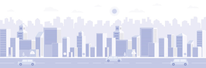 Light gray flat city panorama. Illustration of the urban landscape with cars and office buildings on a light background.  Wide horizontal panorama. Vector illustration